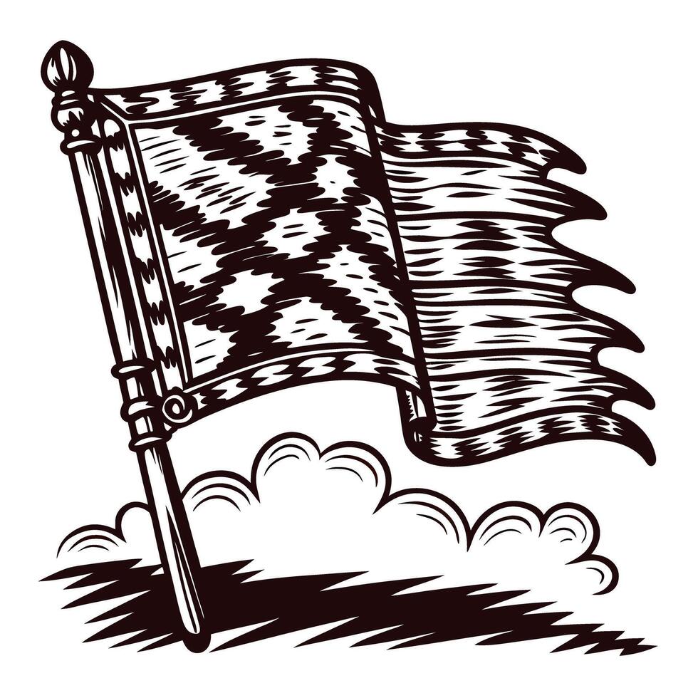 Vintage checkered racing flag with clouds and wind effect vector