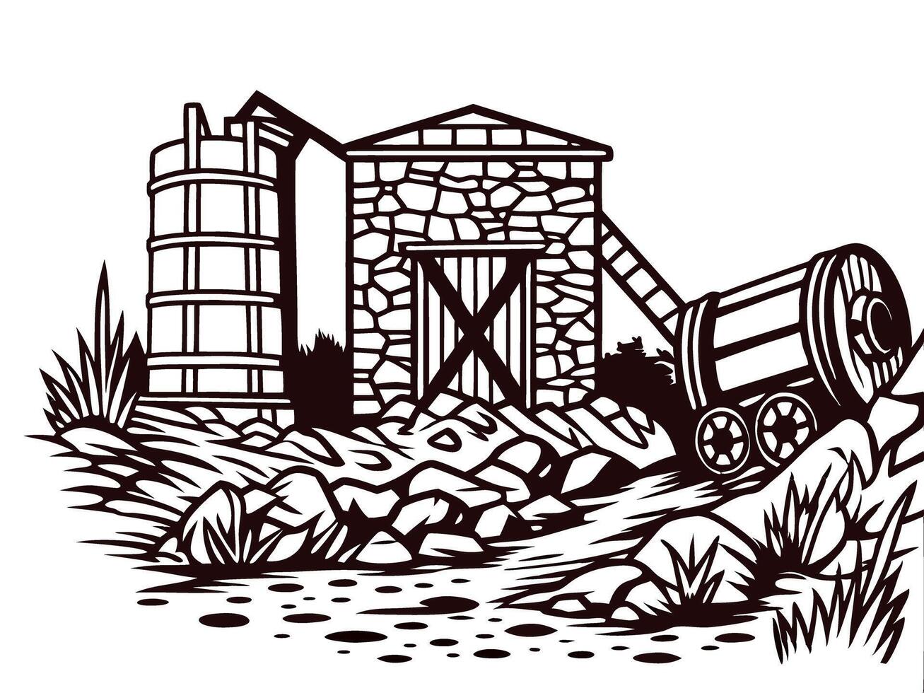 Old mining structure with rock debris and wooden cart in rustic landscape vector