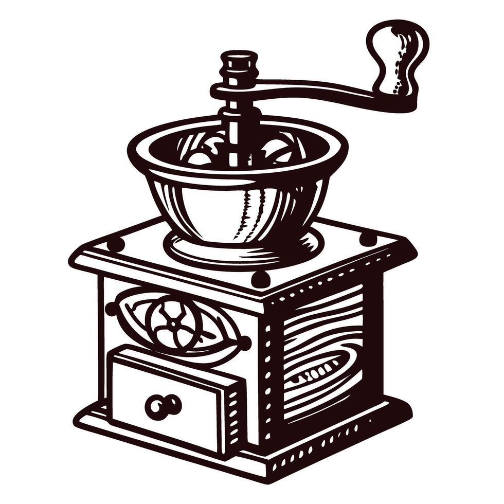 Vintage hand cranked coffee grinder with drawer and detailed woodwork vector