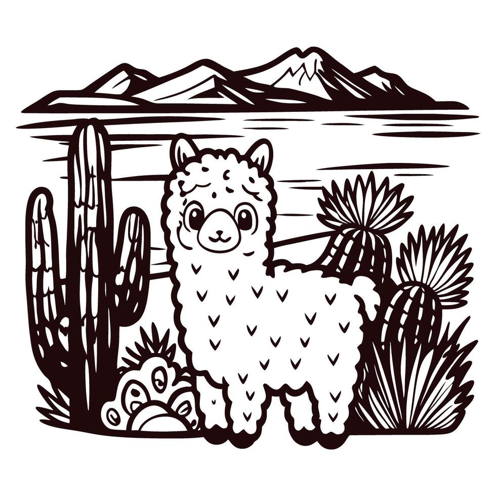 Cute llama in desert landscape with cacti and mountains in the background vector