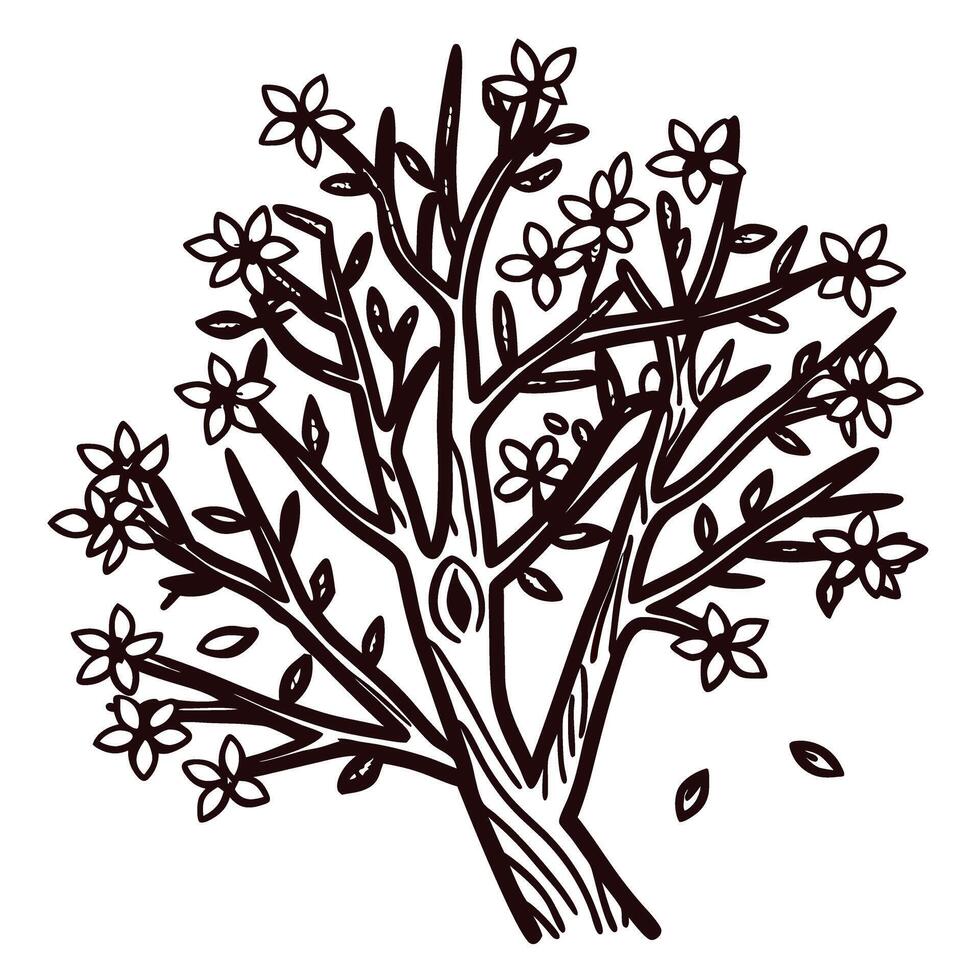 Black and white sketch of a blossom tree with flowers and leaves vector