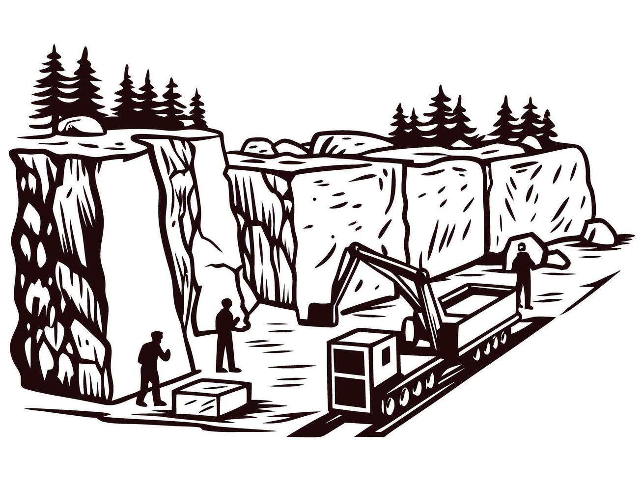 Industrial quarry with workers and machinery in rugged terrain adorned by pine trees vector