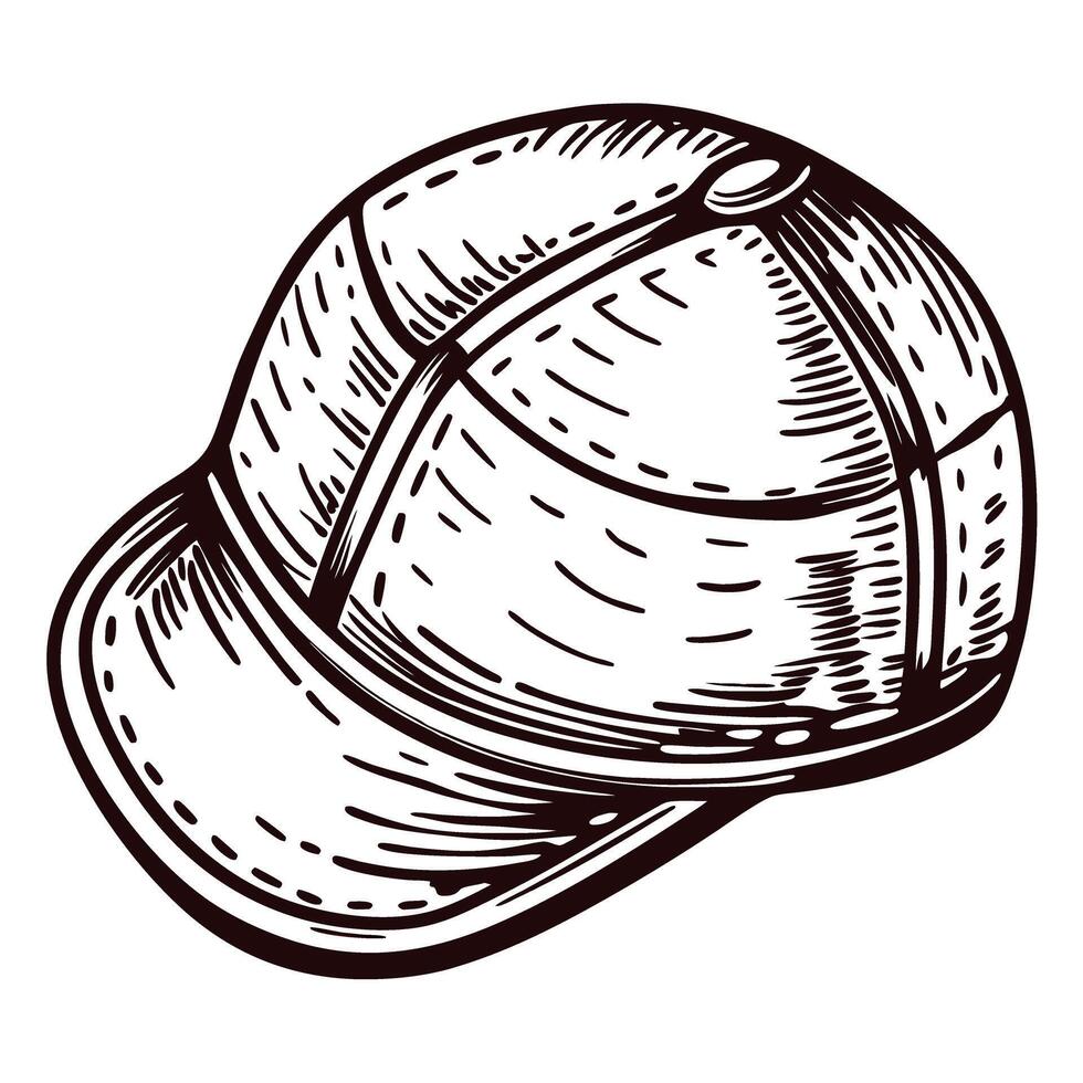 Baseball cap sketch in black and white line art with detailed stitching and texture vector
