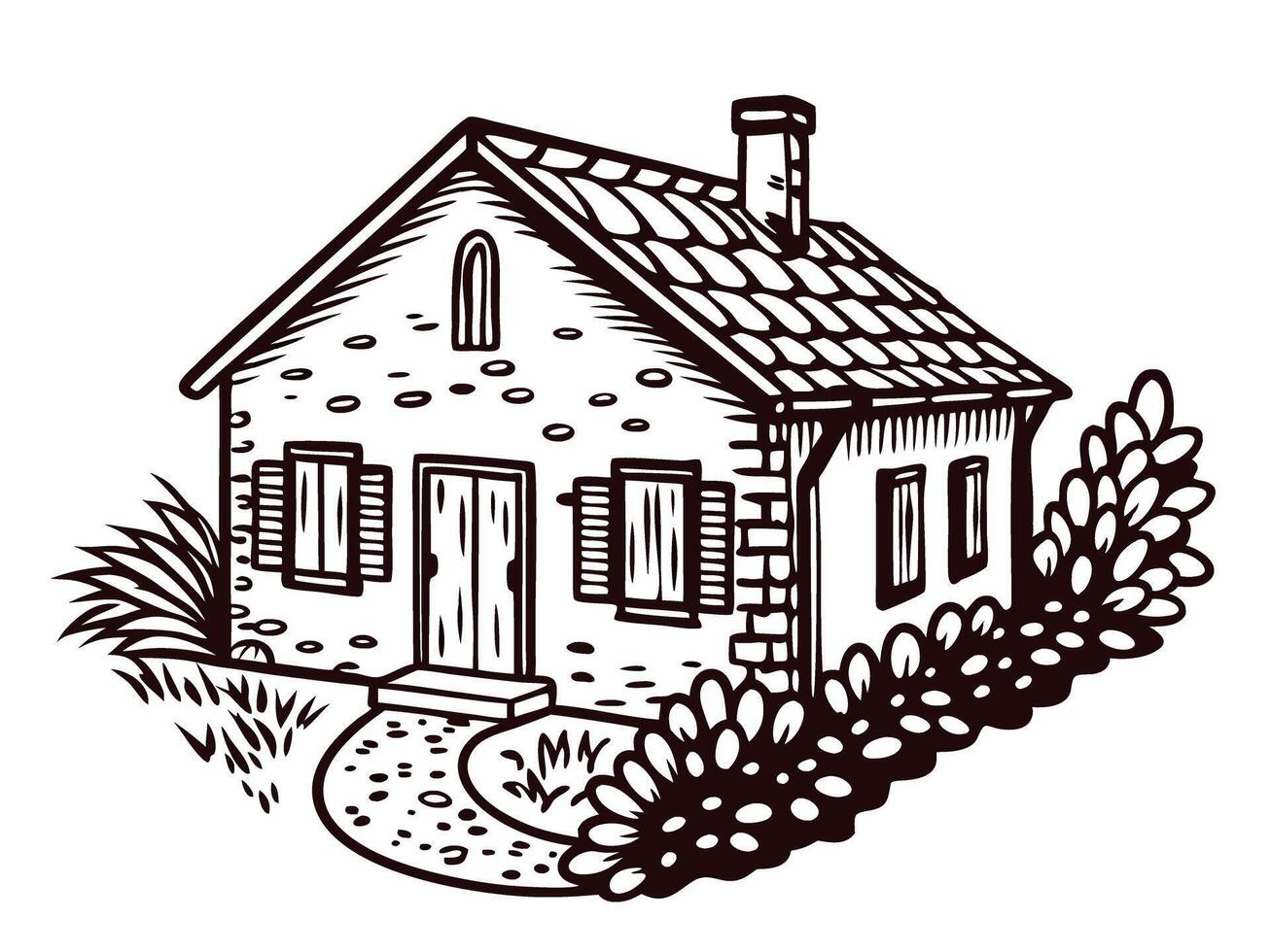Rustic cottage with stone exterior and garden path surrounded by lush bushes vector