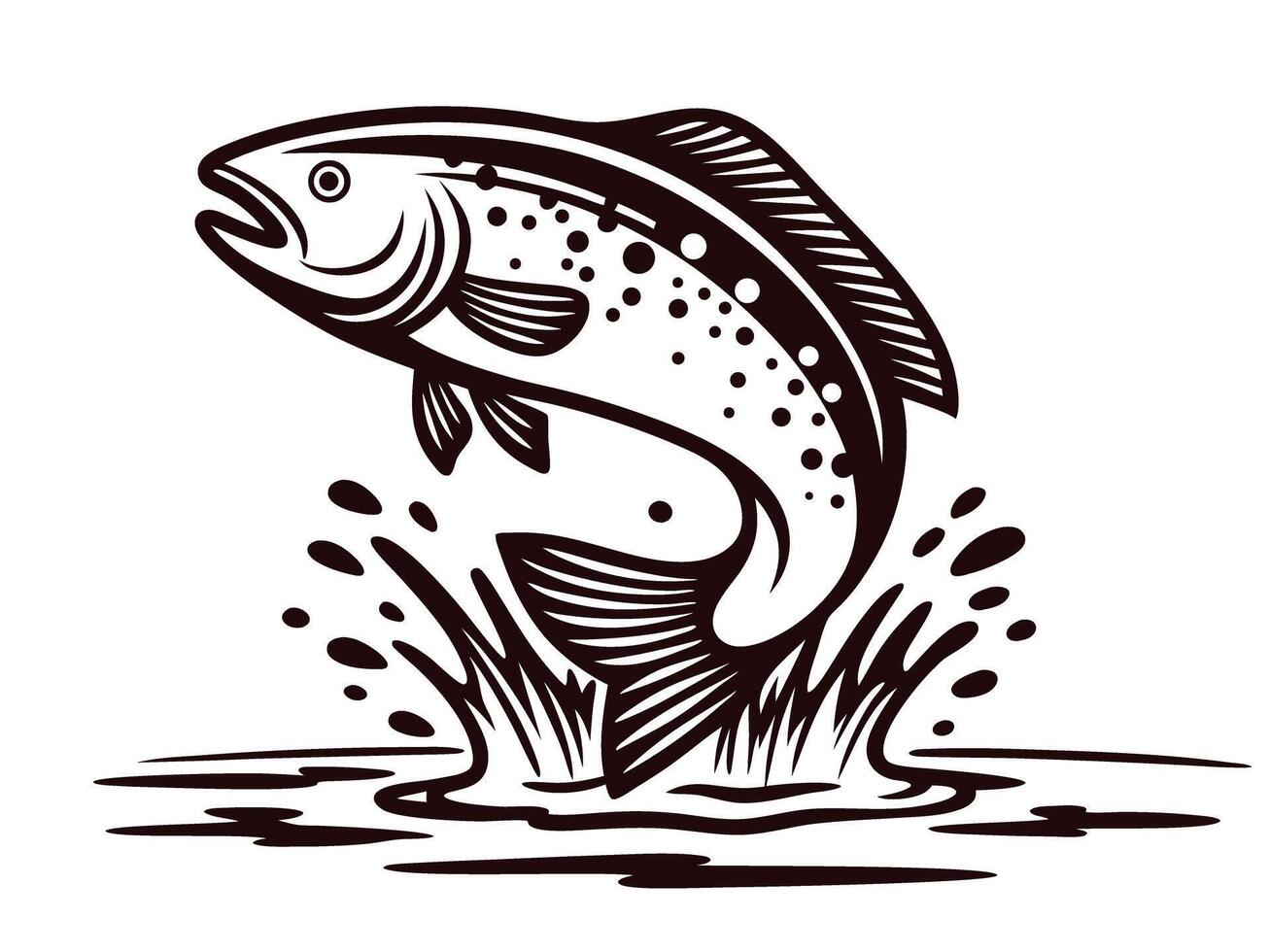 Trout leaping from water in stylized black and white design vector