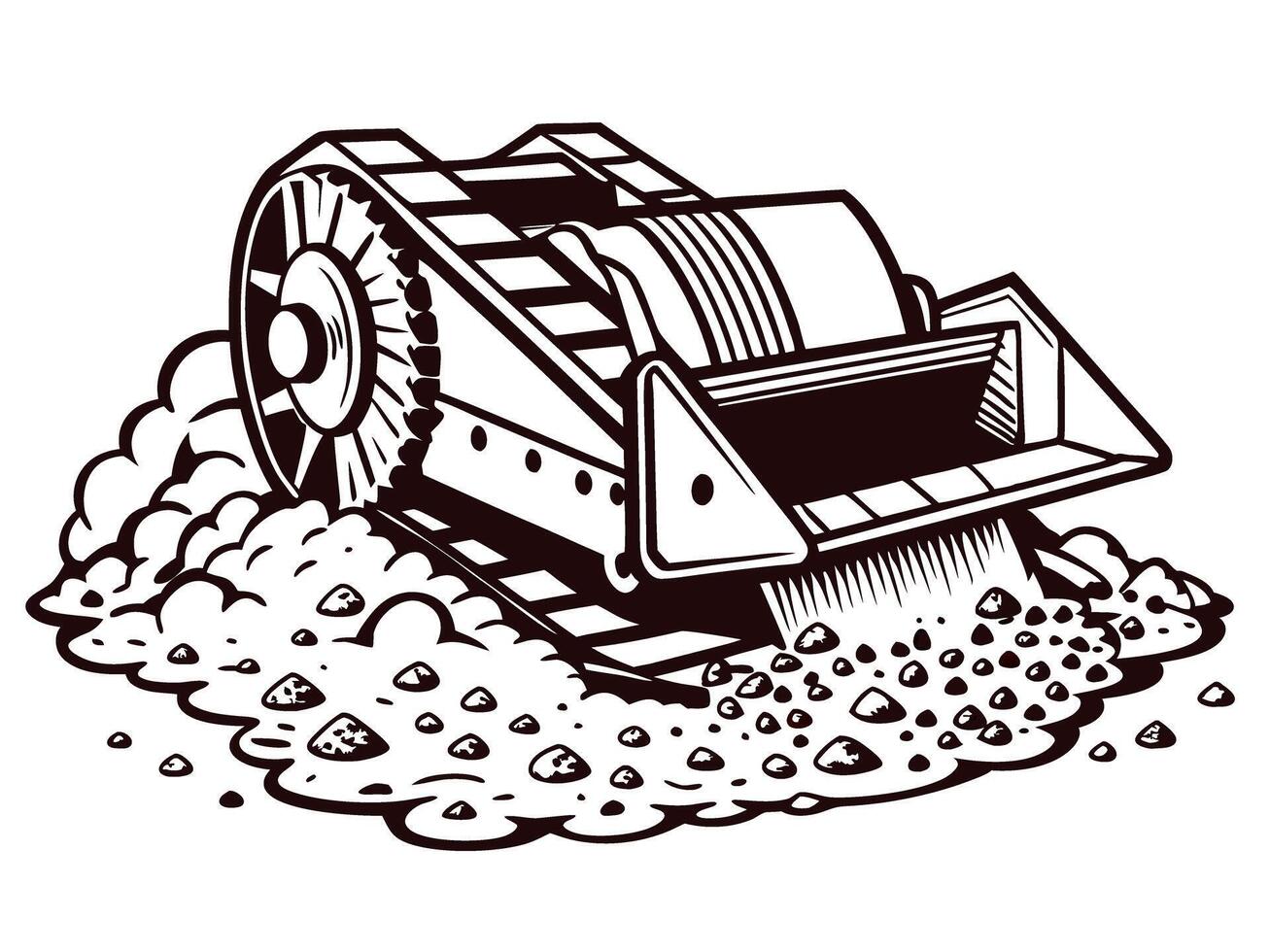 Heavy construction equipment crushing rocks in action with detailed mechanics vector