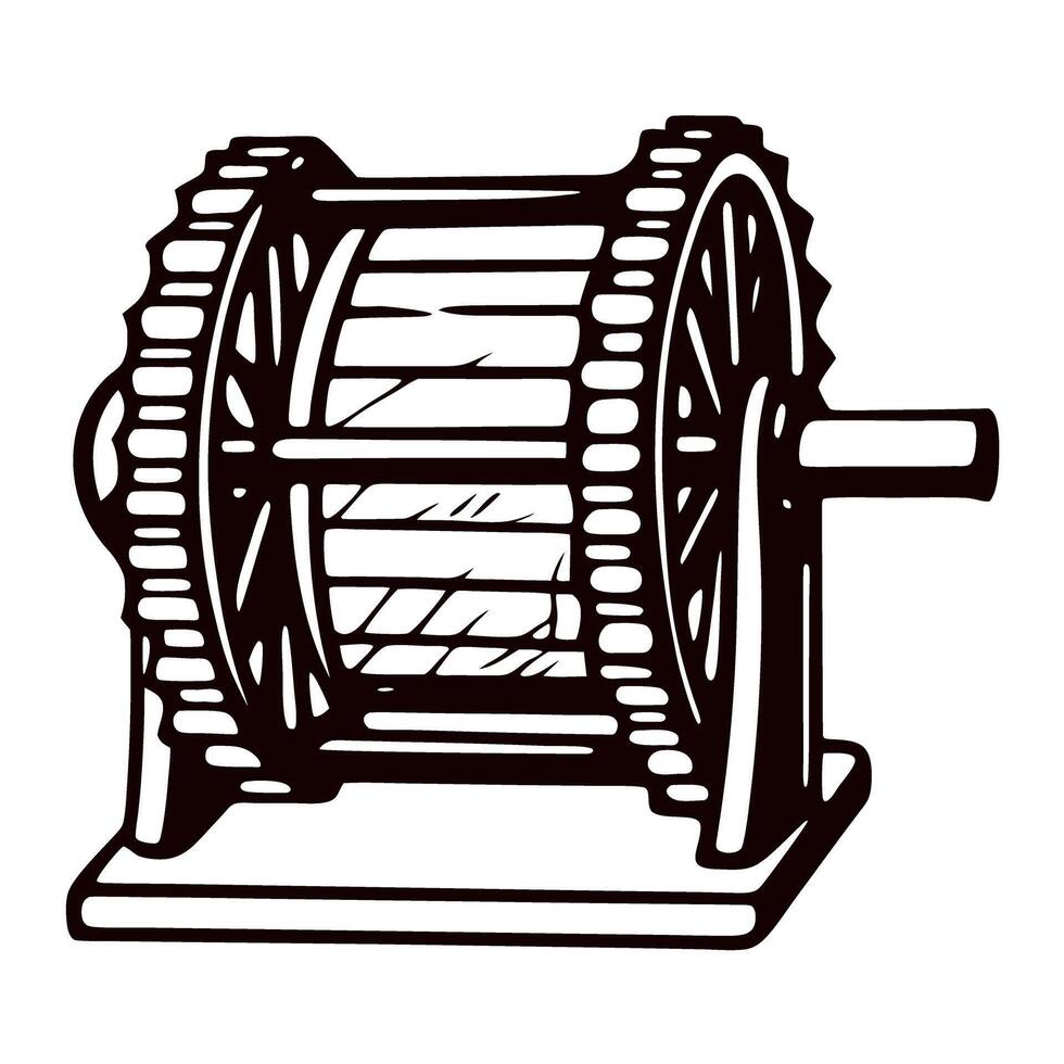 Vintage mechanical winch with gear wheels and handle in rustic vector