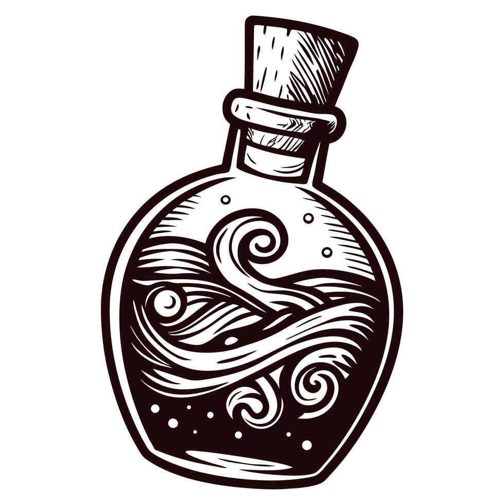 Decorative bottle with waves and cork displaying artistic swirls in vintage vector