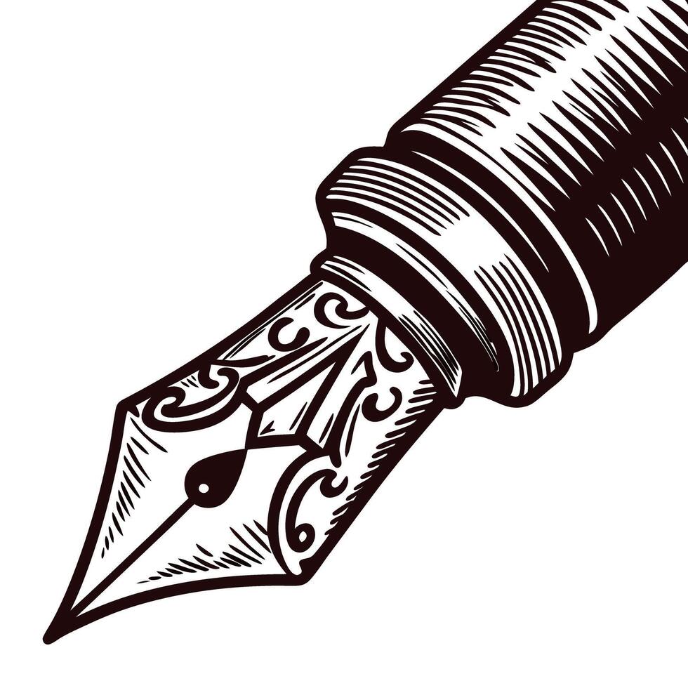 Detailed of vintage fountain pen nib with intricate design elements in black and white vector