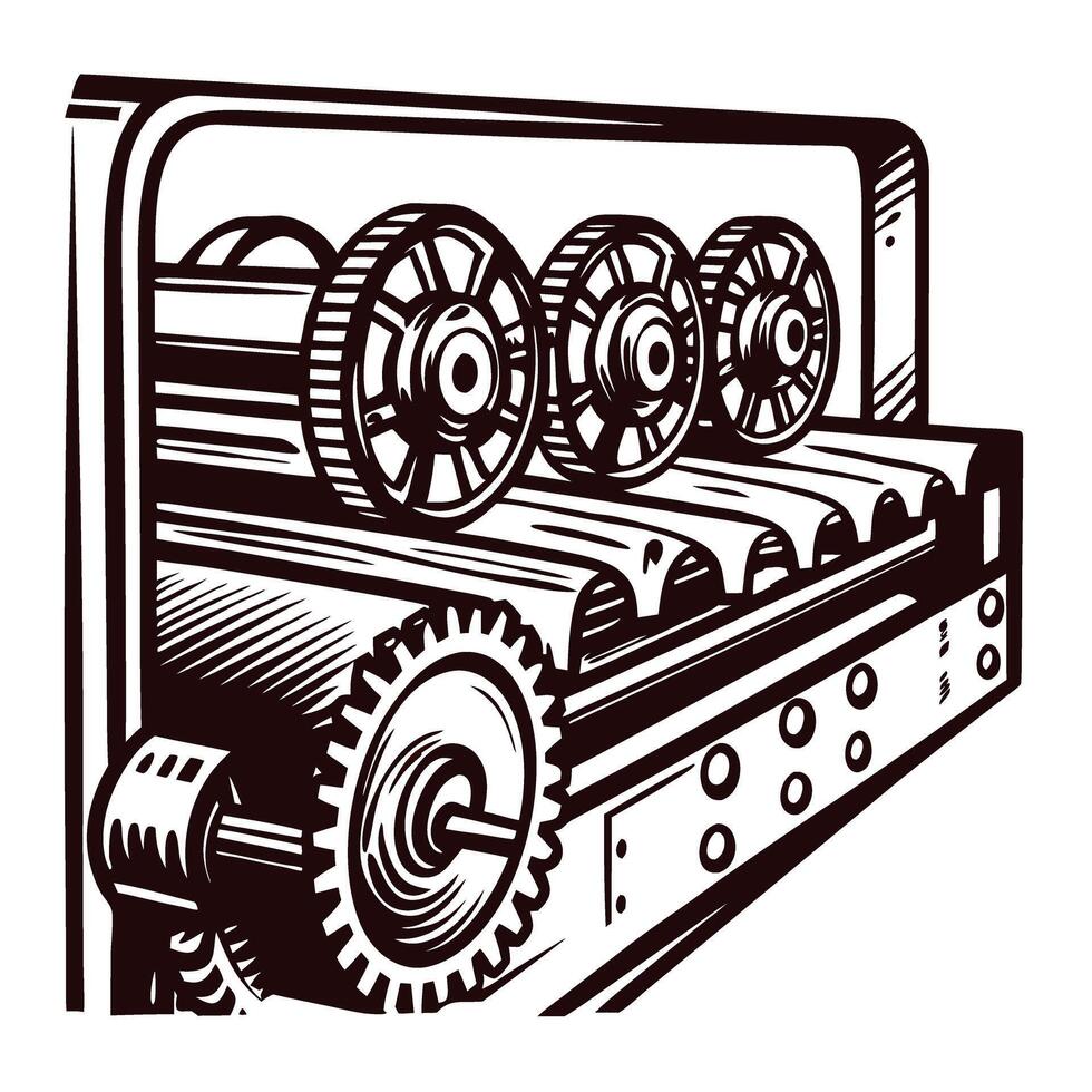 Vintage printing press with gears and rollers depicted in detailed art vector