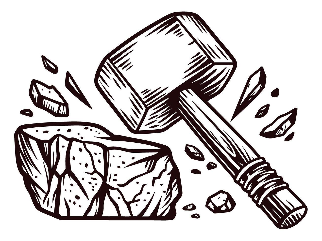 Hammer breaking stone with flying debris in dynamic black and white vector