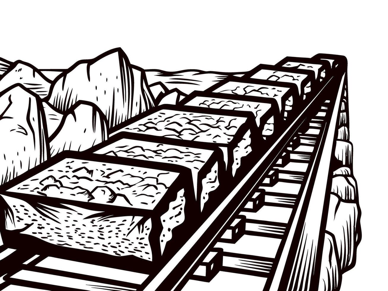 Railroad tracks with loaded freight cars in mountainous landscape vector