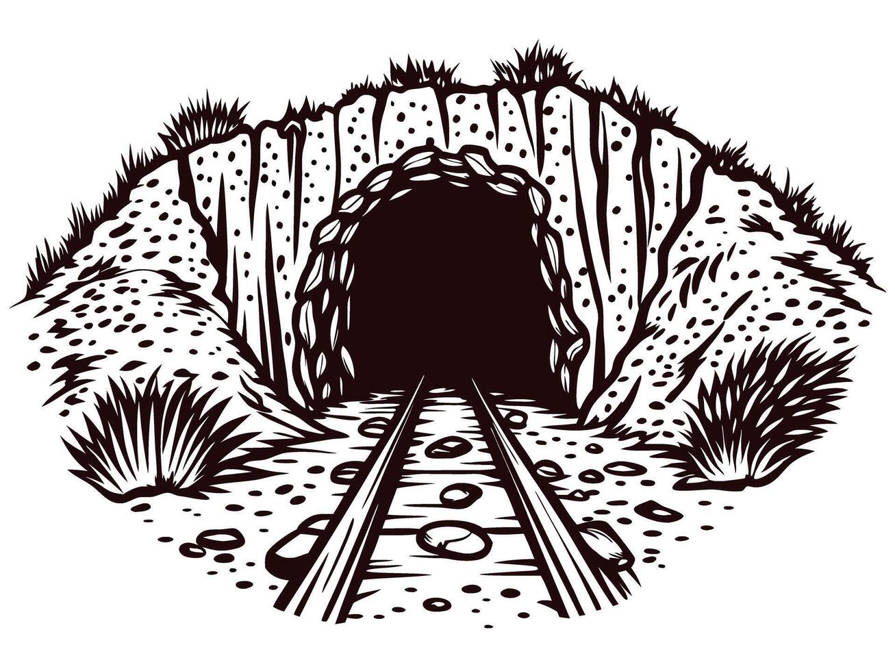 Rustic railway tunnel entrance in rocky mountain landscape vector