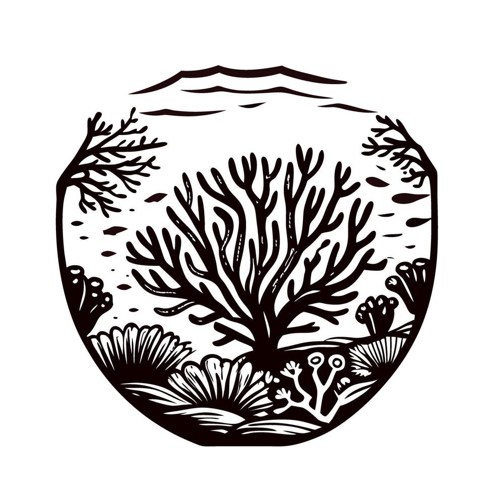 Marine themed black and white with ocean coral and plant life in artistic frame vector
