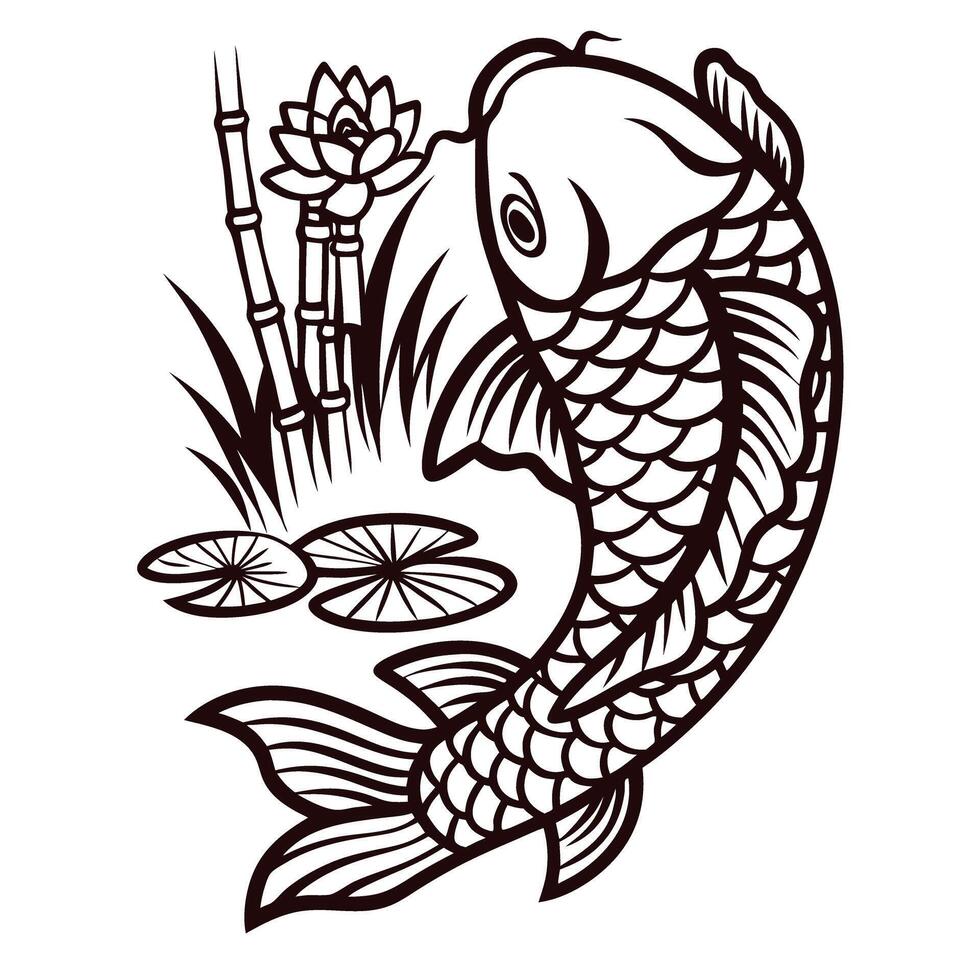 Koi fish in serene pond with lotus and bamboo in japanese ink vector