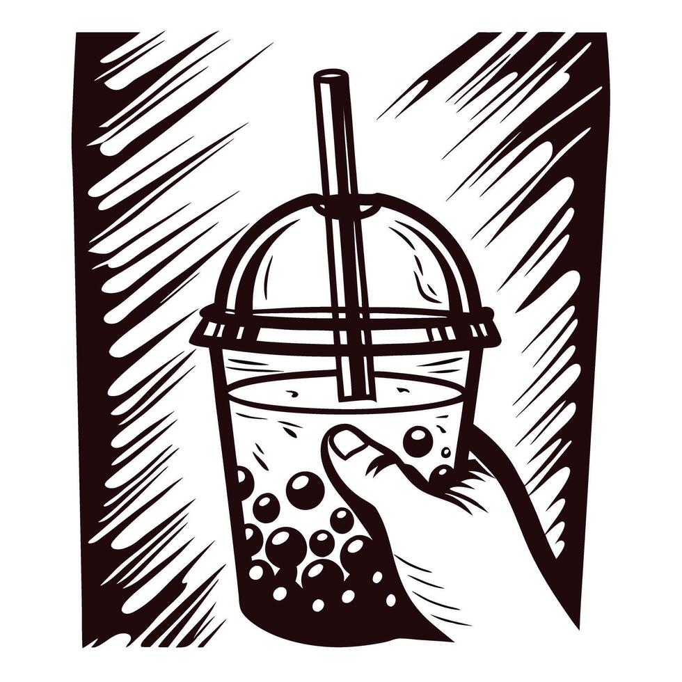 Hand holding bubble tea in sketch with straw and lid vector