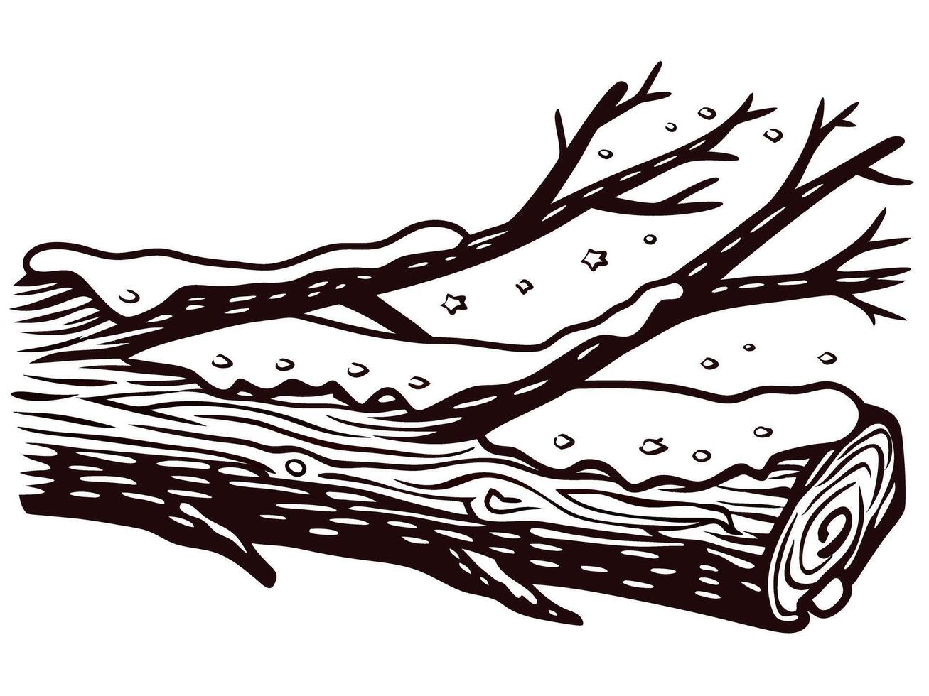Snow covered tree branch with falling snowflakes and star patterns vector