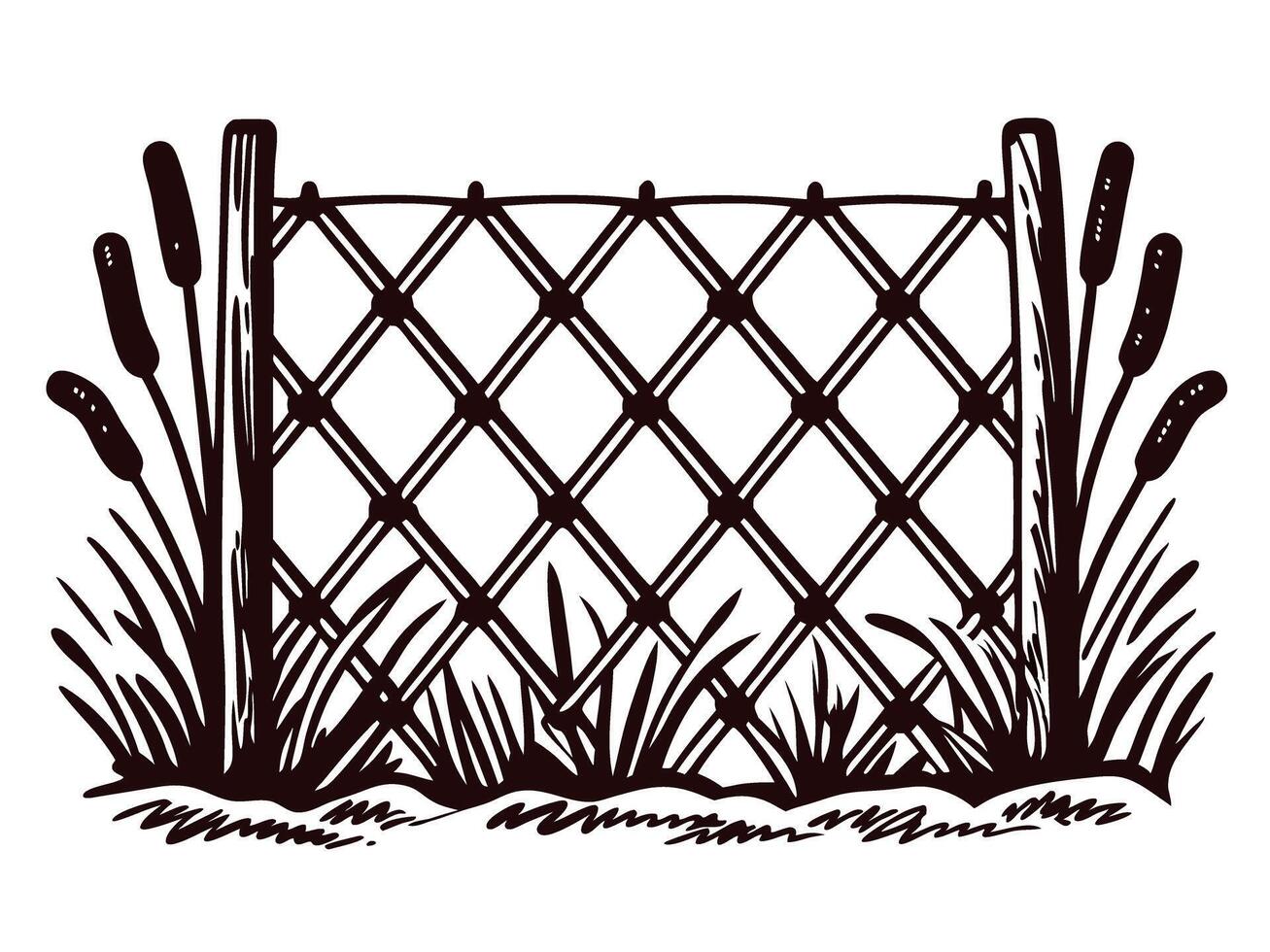 Hand drawn wooden fence with reeds in natural setting vector