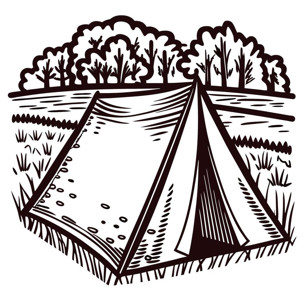 Detailed of tent in forest meadow with trees in the background vector