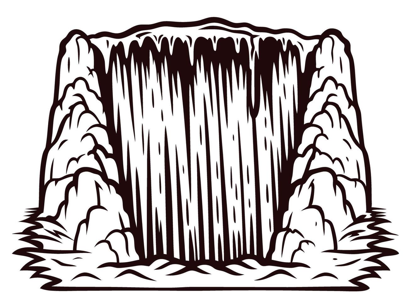 Majestic waterfall flowing over rocky cliffs in black and white artwork vector