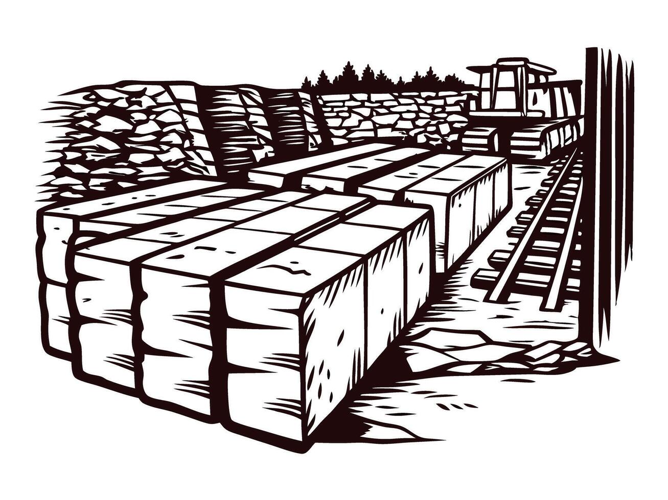 Industrial quarry with heavy machinery and stone blocks in rugged landscape vector