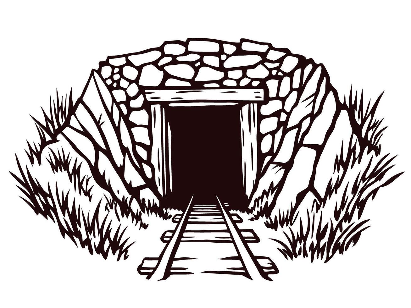 Railway entrance to a rocky tunnel surrounded by grass and stones vector