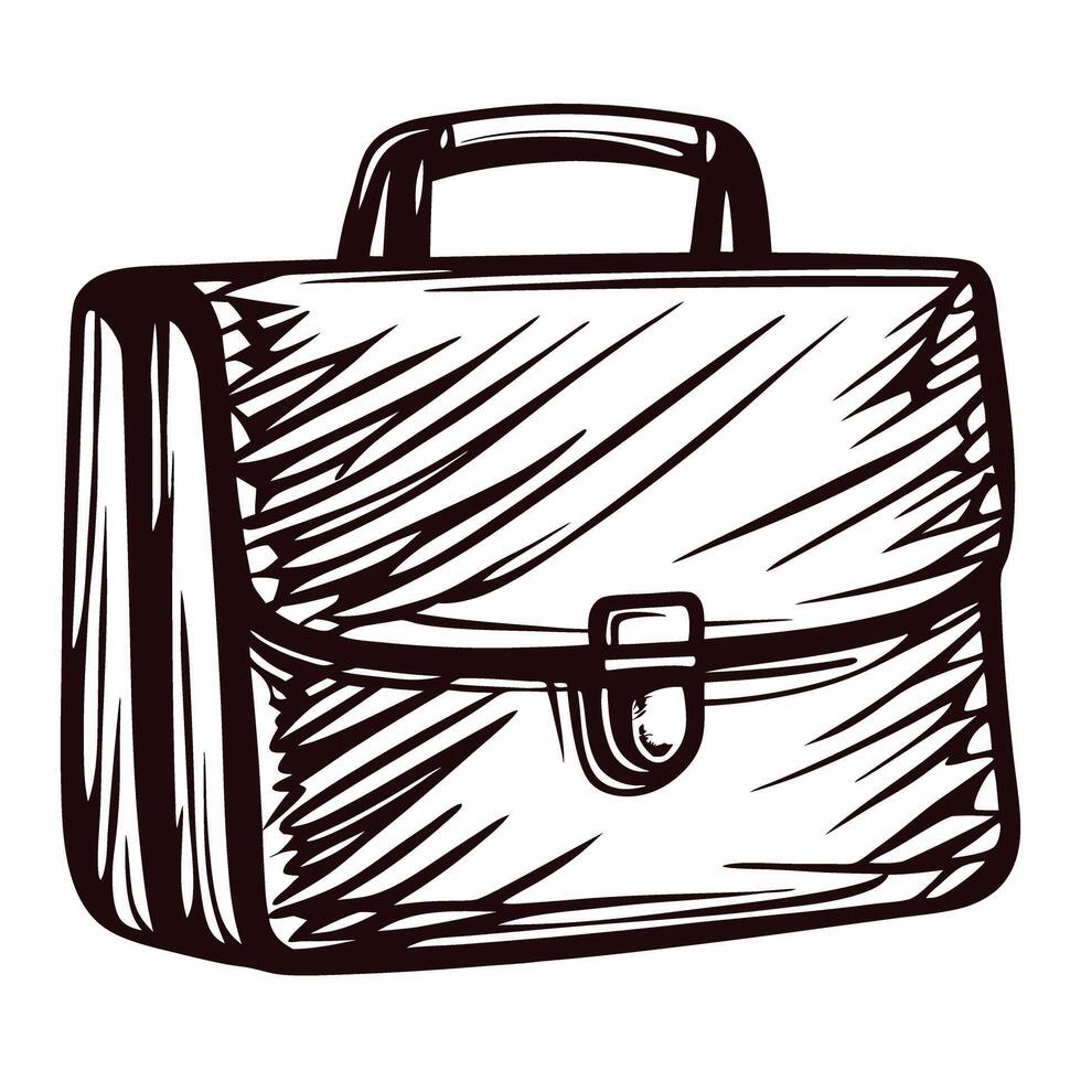 Sketch of a vintage briefcase with handle and buckle in black and white vector