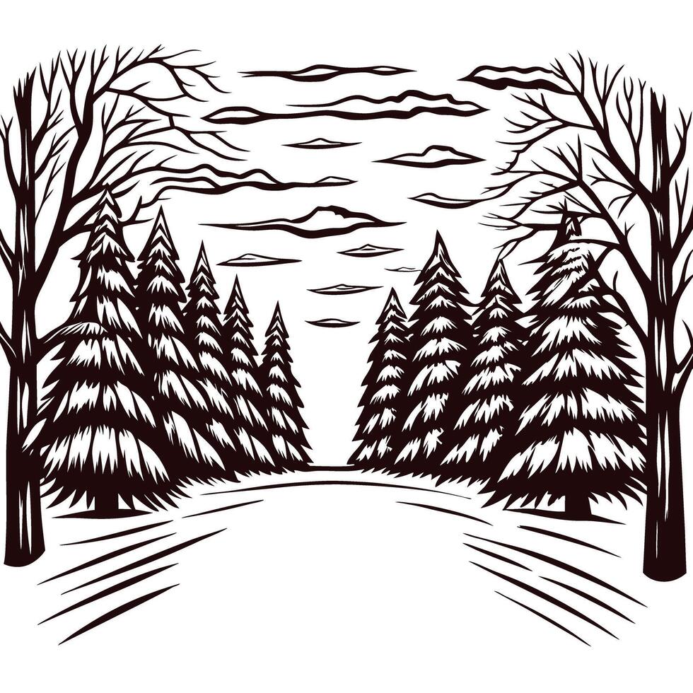 Winter forest pathway surrounded by snow covered pines and bare trees at dusk vector