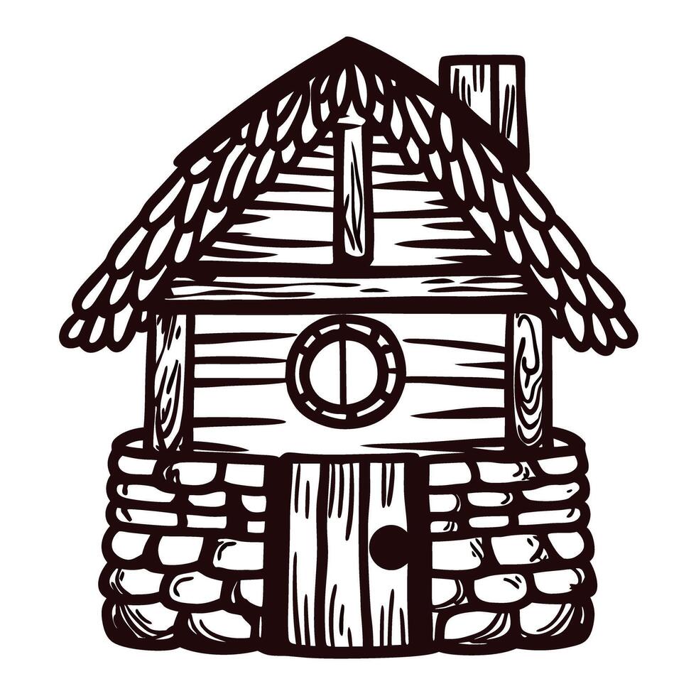 Rustic wooden cabin with stone foundation and circular window design vector