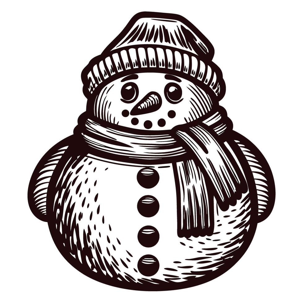 Illustrated snowman in winter attire with beanie and scarf, capturing holiday spirit vector