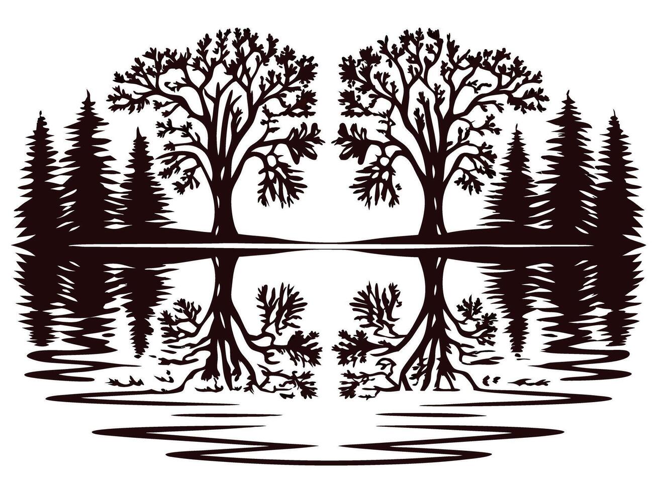 Symmetrical reflections of twin trees on a calm lakeside with pine forest background vector