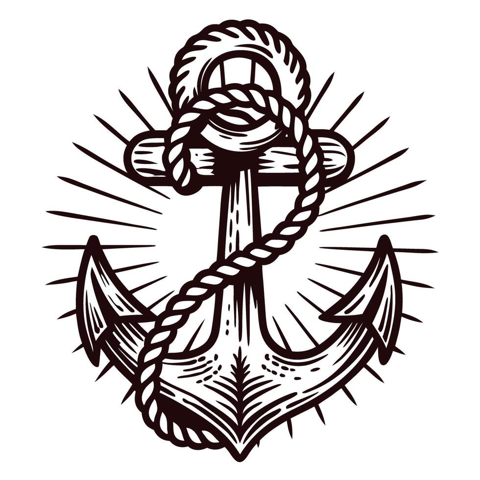 Nautical anchor emblem with rope and radiating lines design vector