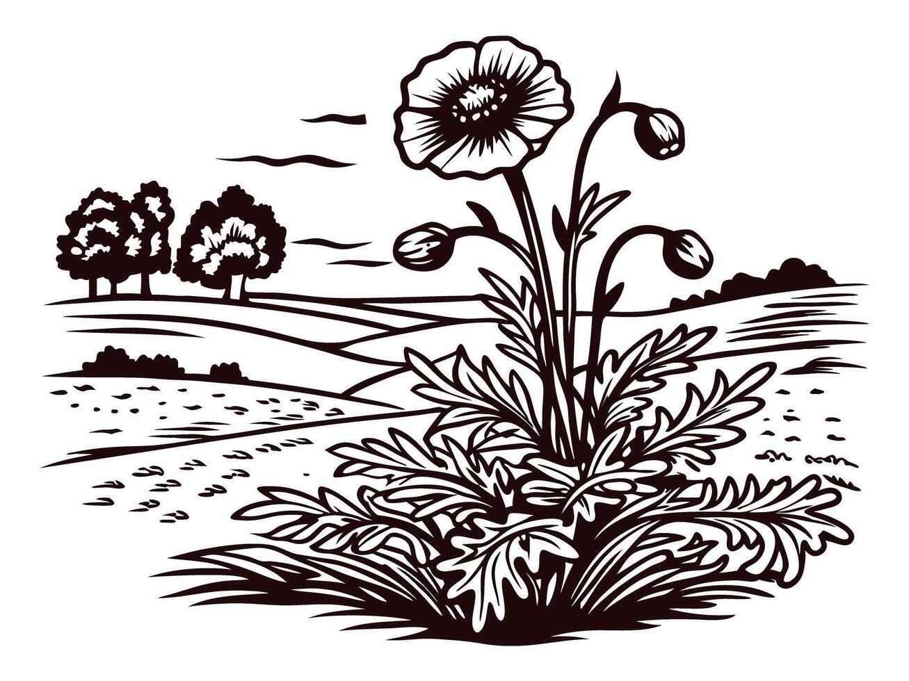 Floral landscape with poppies in simplistic black and white art vector
