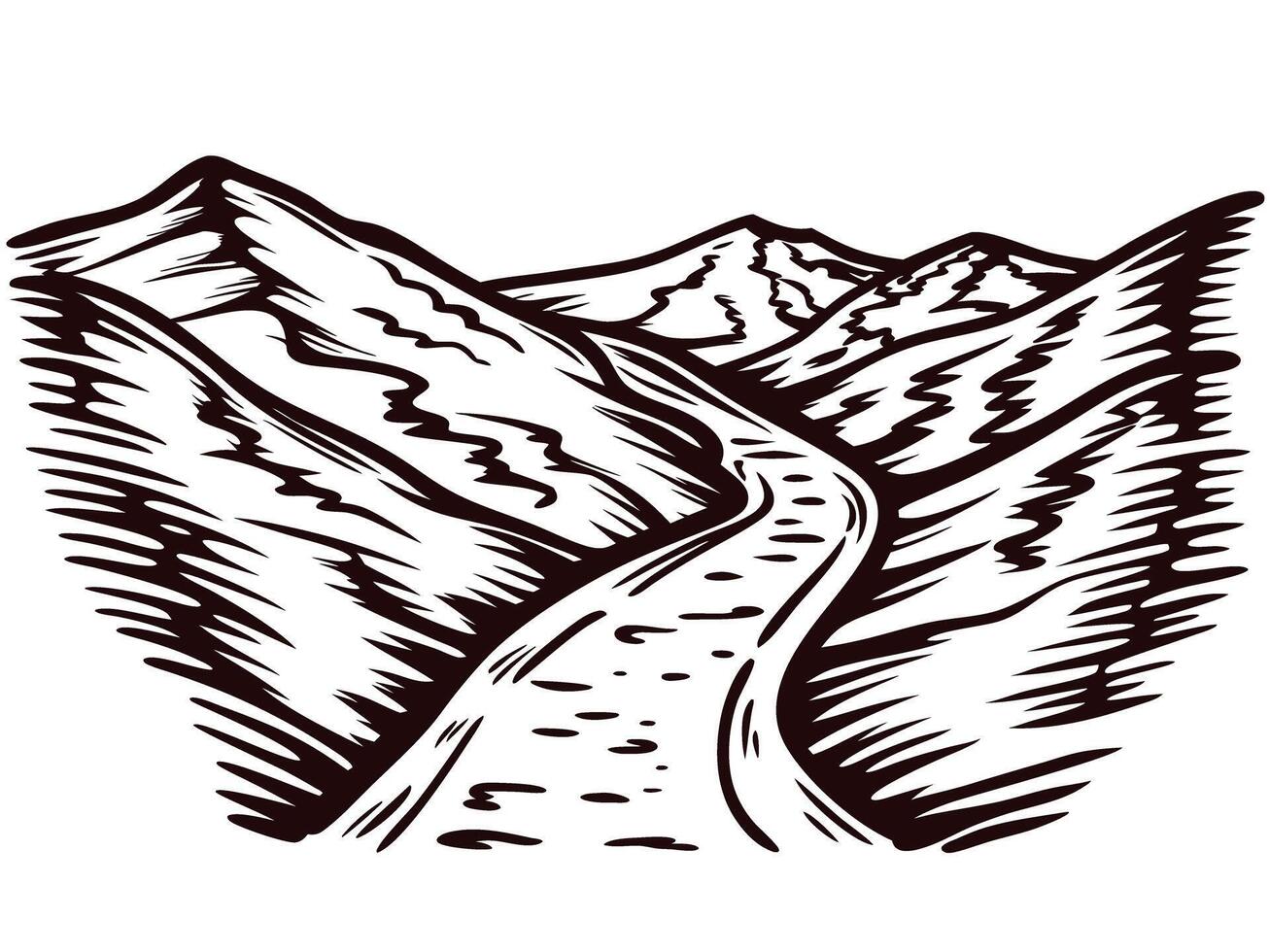 Scenic mountain landscape with winding pathway in monochrome vector