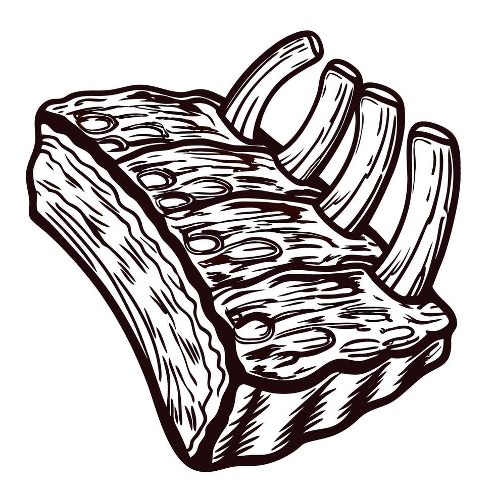 Detailed engraving of pork ribs with bone, showcasing culinary art in black and white vector