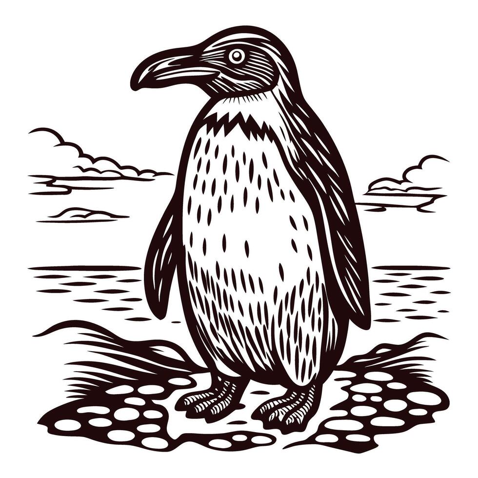 Penguin standing on rocky shoreline with ocean backdrop in black and white vector
