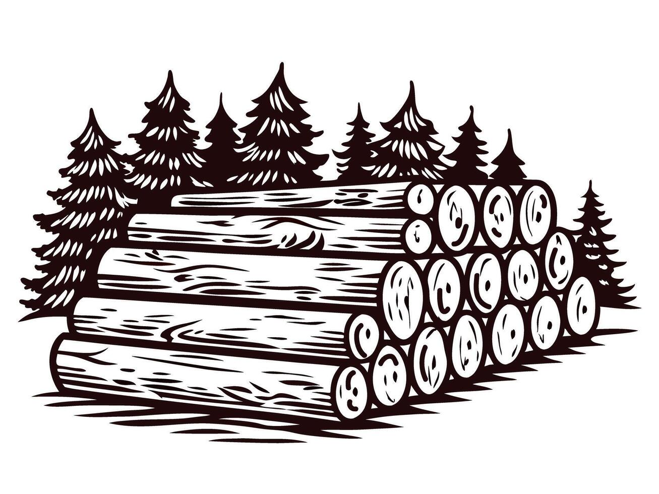 Stacked logs in a forest with pine trees in black and white vector