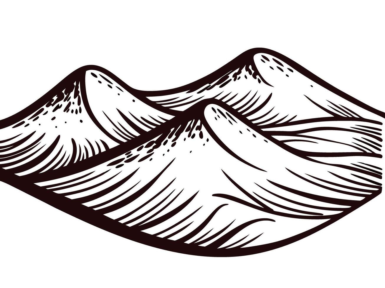 Black and white line art of mountain range with three peaks vector
