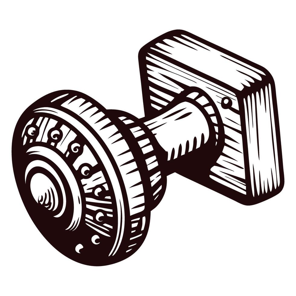Vintage door knob engraving with decorative patterns and wood texture vector