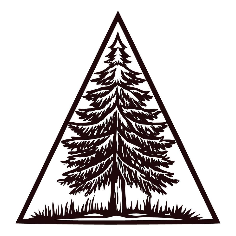Vintage triangle design featuring evergreen tree in black and white silhouette vector