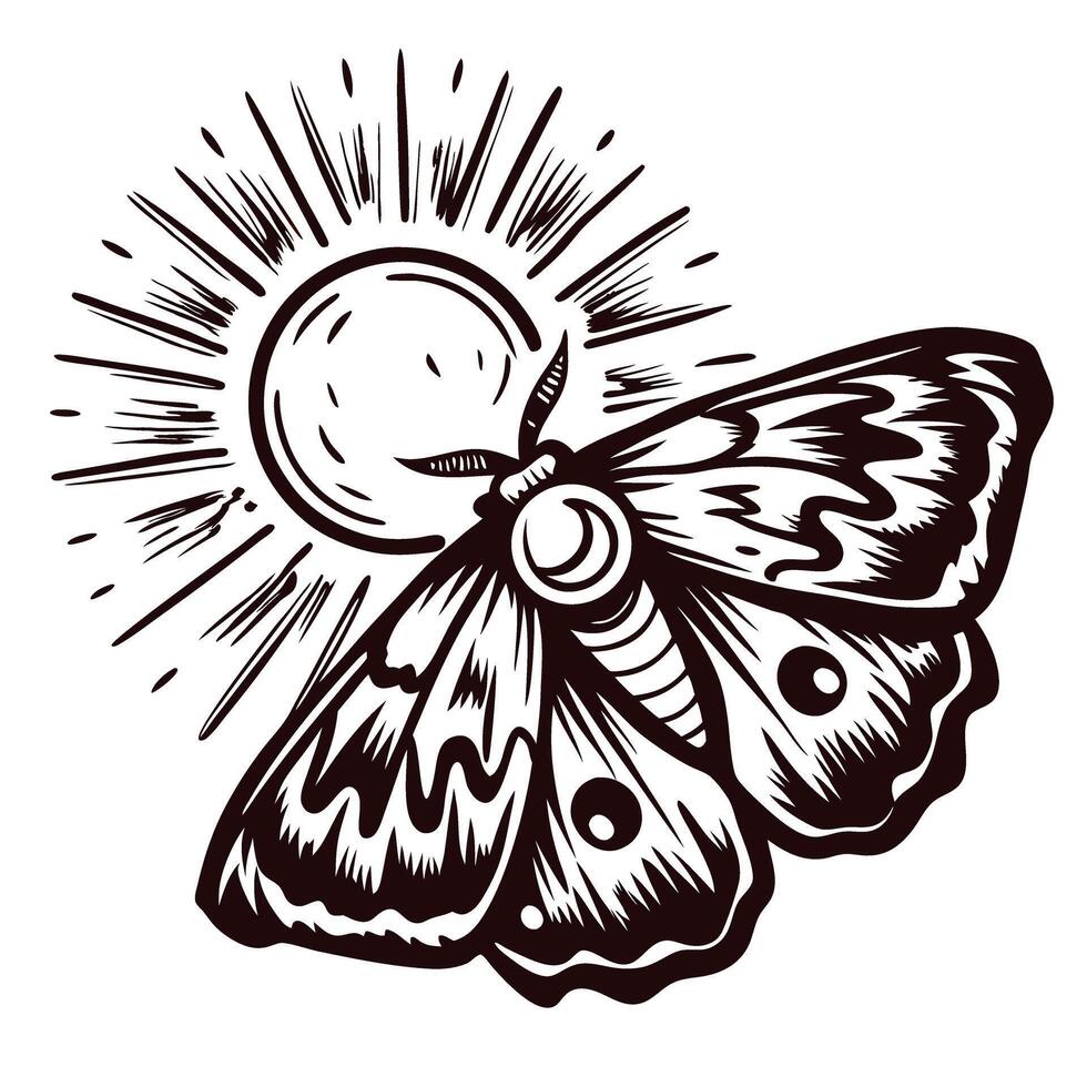 Intricate moth design with sunburst in monochrome art vector
