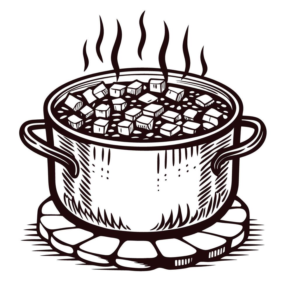 Steaming pot of soup with vegetables cooking on stove in black and white line art vector
