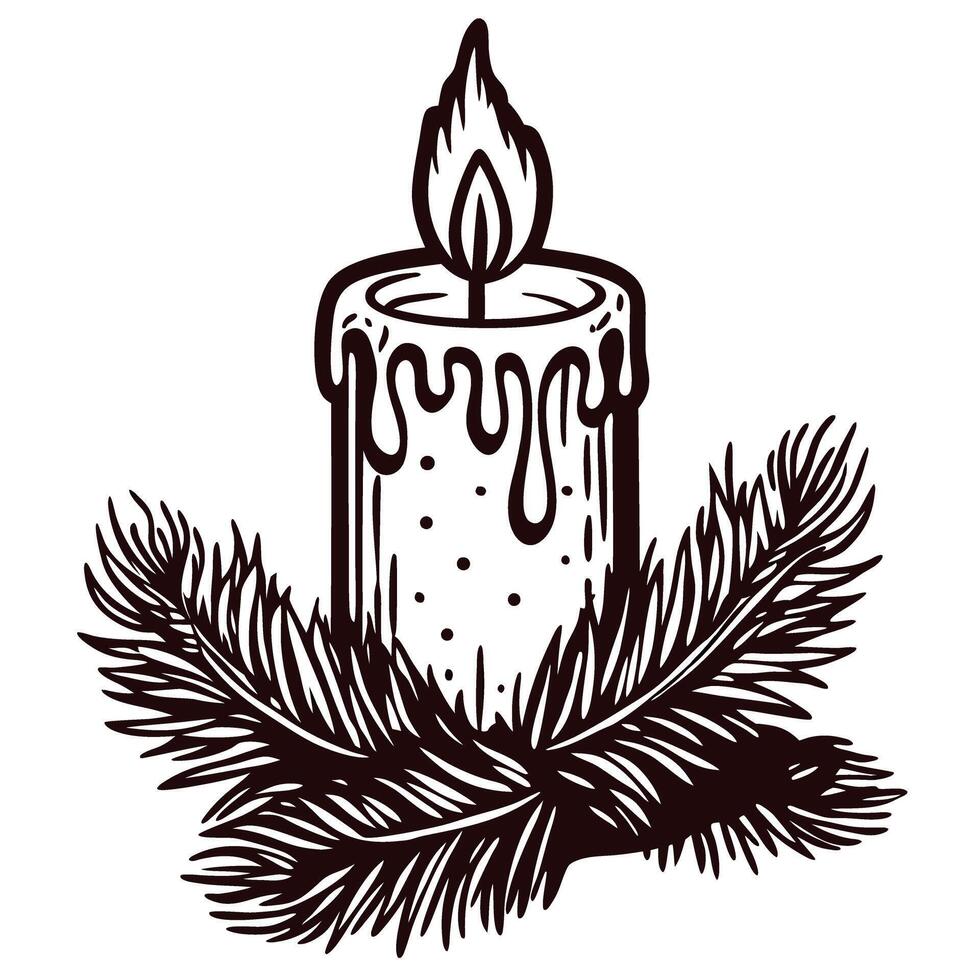 Rustic candle with dripping wax on pine branches vector