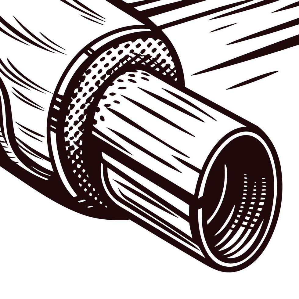 Close up of black and white etching of a pipe joint with detailed crosshatch shading vector