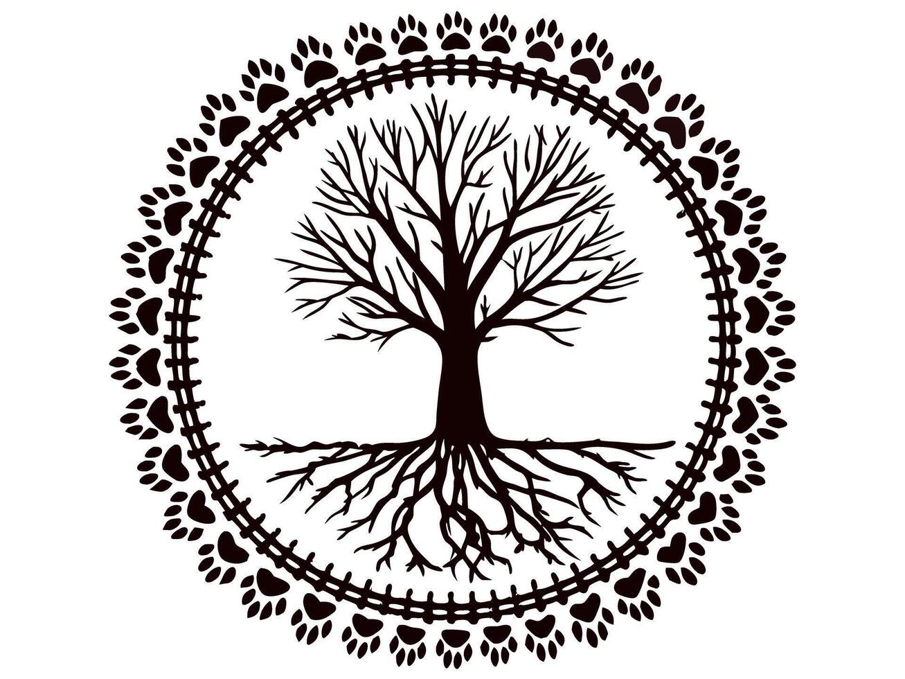 Silhouette of tree with roots encircled by animal paw prints in artistic design vector