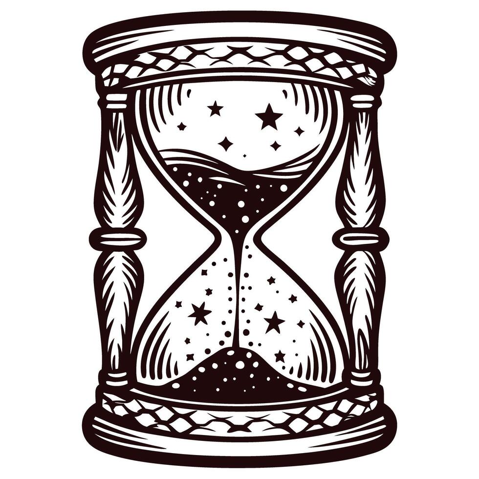 Vintage hourglass with starry sand design in monochrome vector