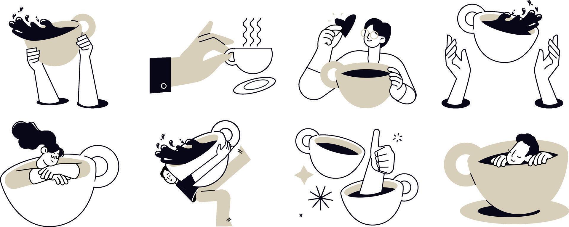 Coffee time. illustrations of people enjoying free time, drinking coffee, daily routine, invitation to hang out, for social media stickers and posts, marketing, restaurants and coffee bars. vector