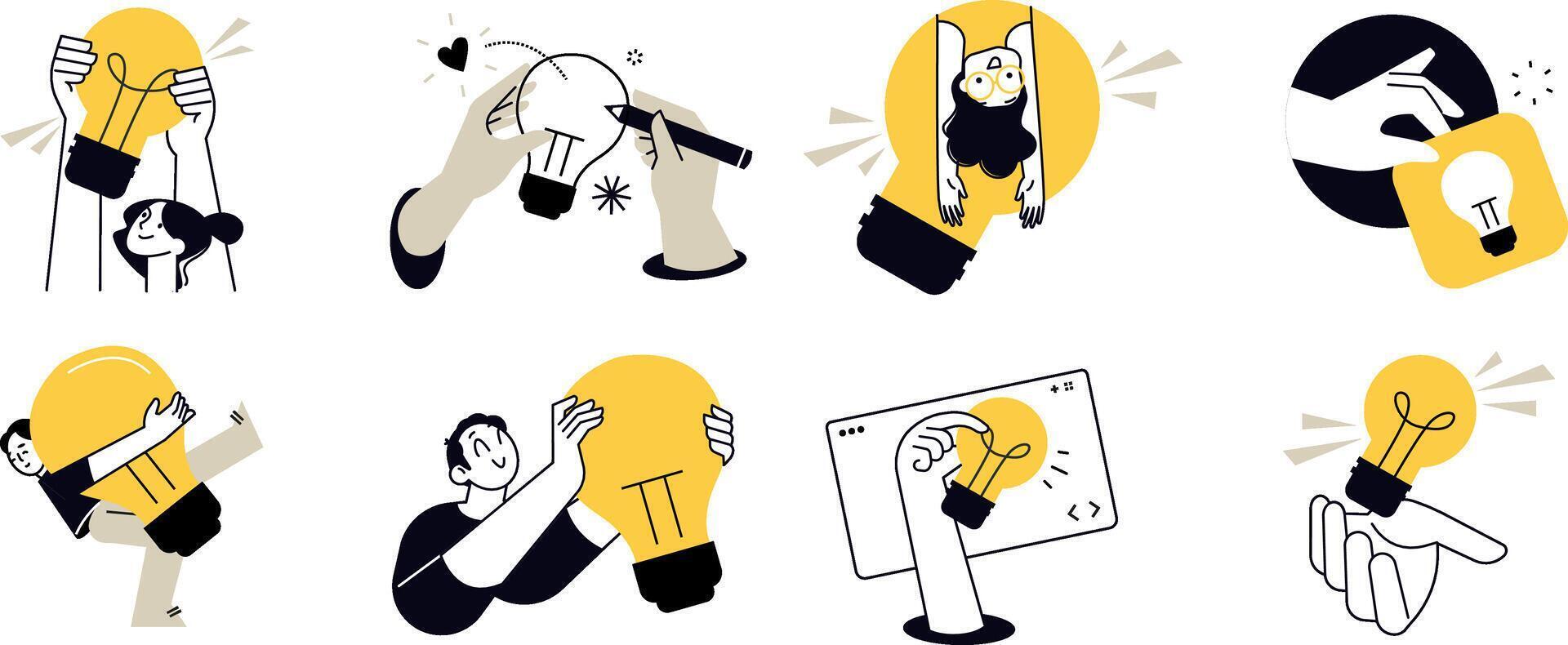 Big idea. Set of illustrations of big idea, startup, creative and business idea, tips, brainstorming, project development, innovative solutions, social media and marketing. vector