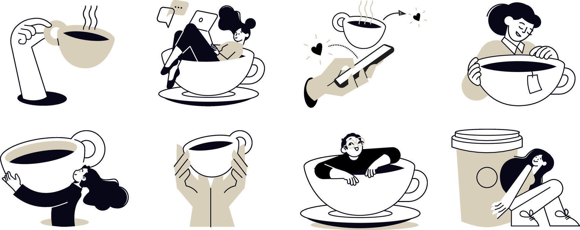Coffee take away. illustrations of people enjoying free time, drinking coffee, daily routine, invitation to hang out, for social media stickers and posts, marketing, restaurants and coffee bars. vector