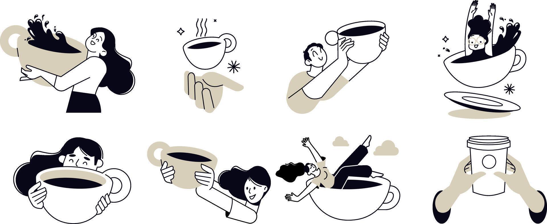 Coffee. illustrations of people enjoying free time, drinking coffee, daily routine, invitation to hang out, for social media stickers and posts, marketing, restaurants and coffee bars. vector